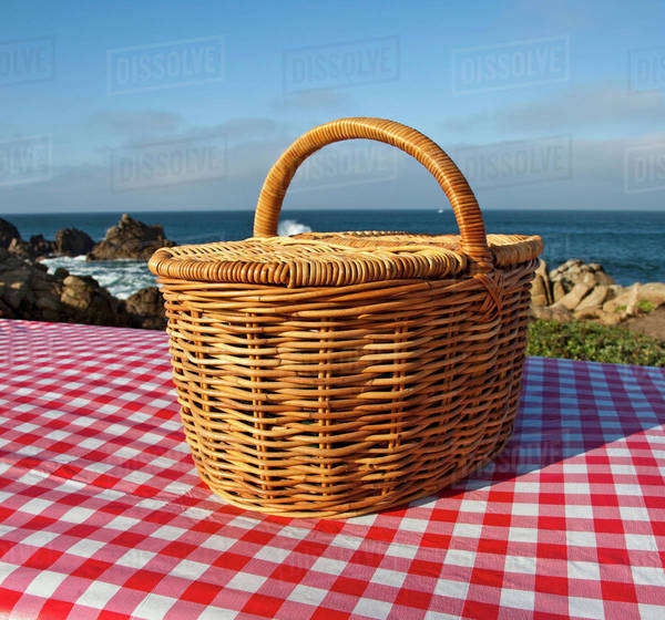 Picnic Basket on Wooden Picnic Table Stock Photo Dissolve