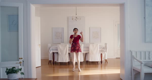 Dancing Teenager Girl Singing Karaoke With Confidence Celebrating