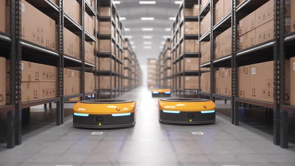 Autonomous robots moving shelves with cardboard boxes in automated