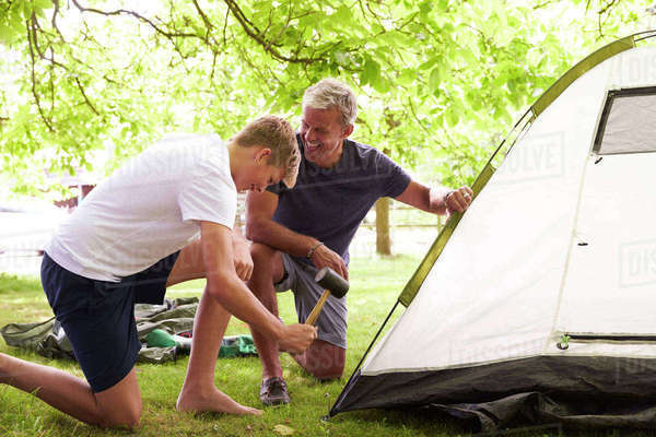 Father and teenage son putting up tent on camping trip - Stock Photo