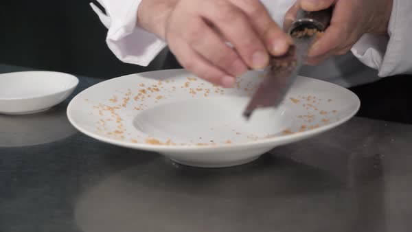 Hands Chef Decorate Plate For Serving Dishes Use Grater Process