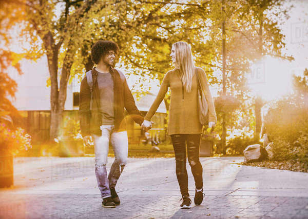Boyfriend and girlfriend walking and holding hands on the university