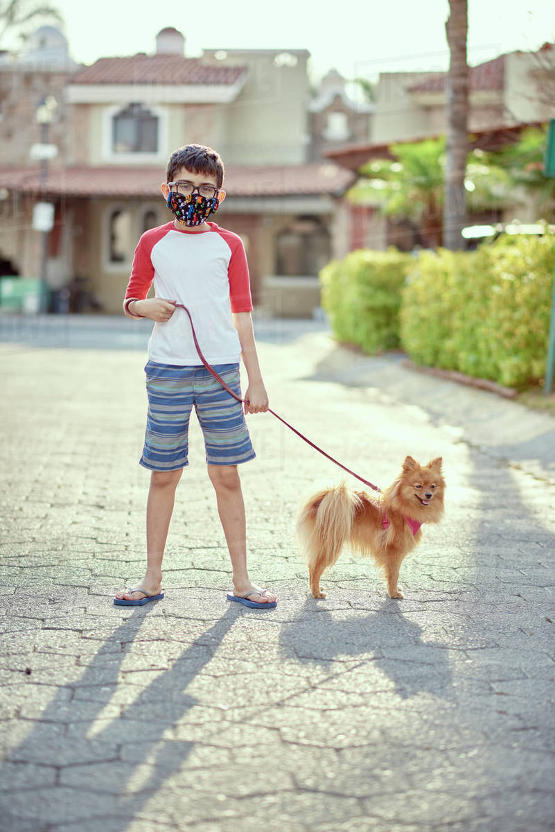 Mexico, Zapopan, Boy with face mask walking dog Royalty-free stock photo