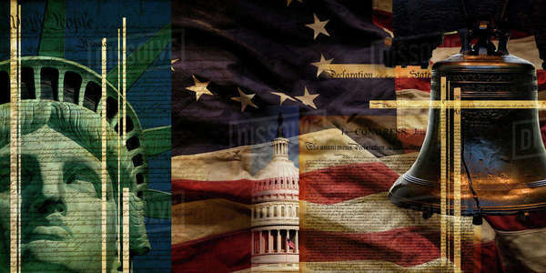 Patriotic composition showing symbols of American independence ...