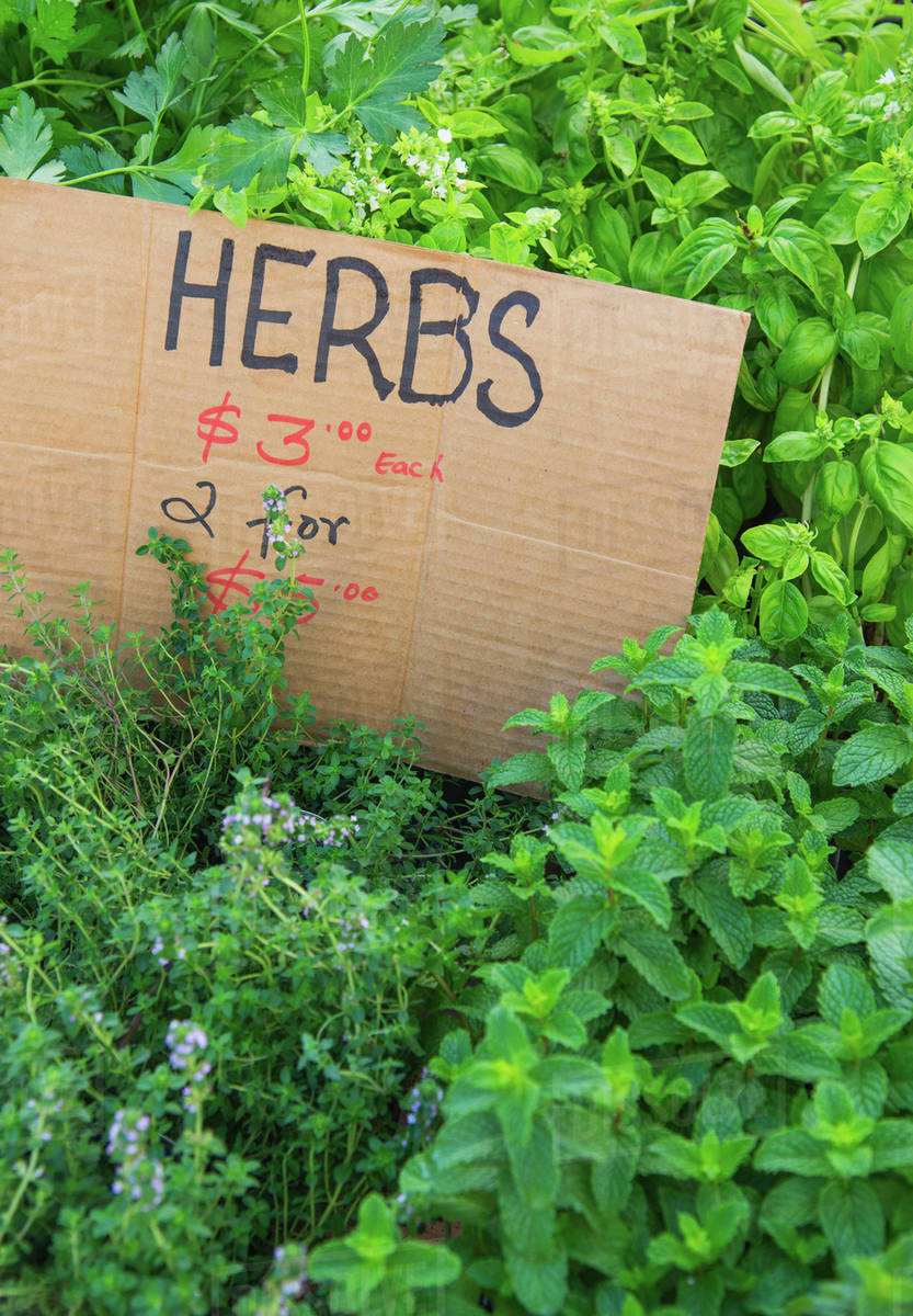 Herbs and price tag at market Stock Photo Dissolve