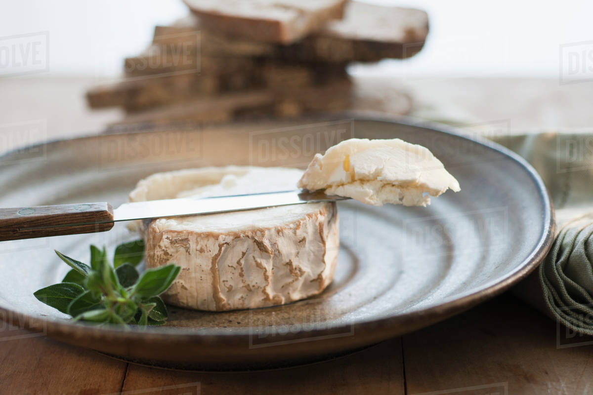Brie cheese on plate Stock Photo Dissolve