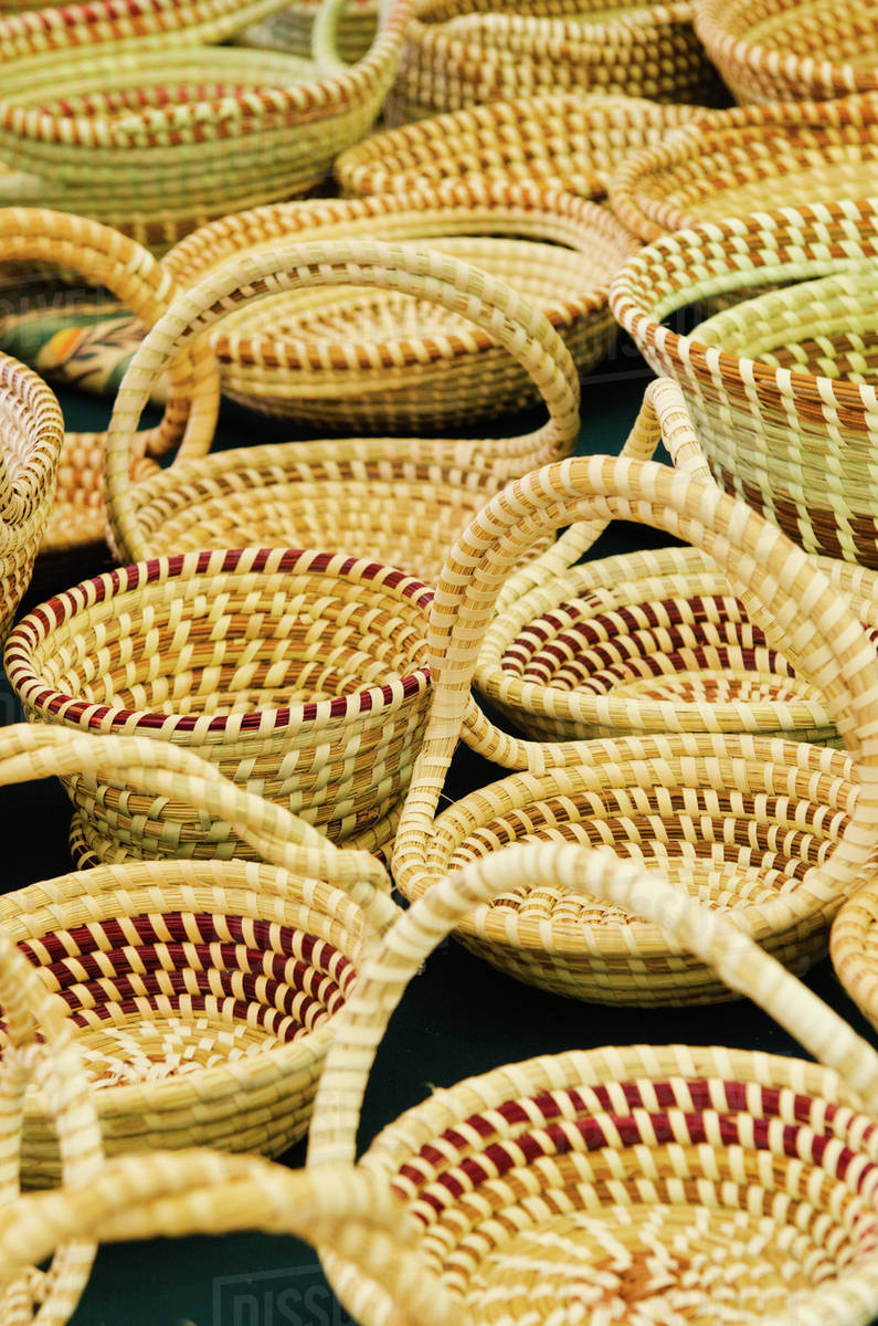 USA, South Carolina, Charleston, Close up of sweetgrass baskets on