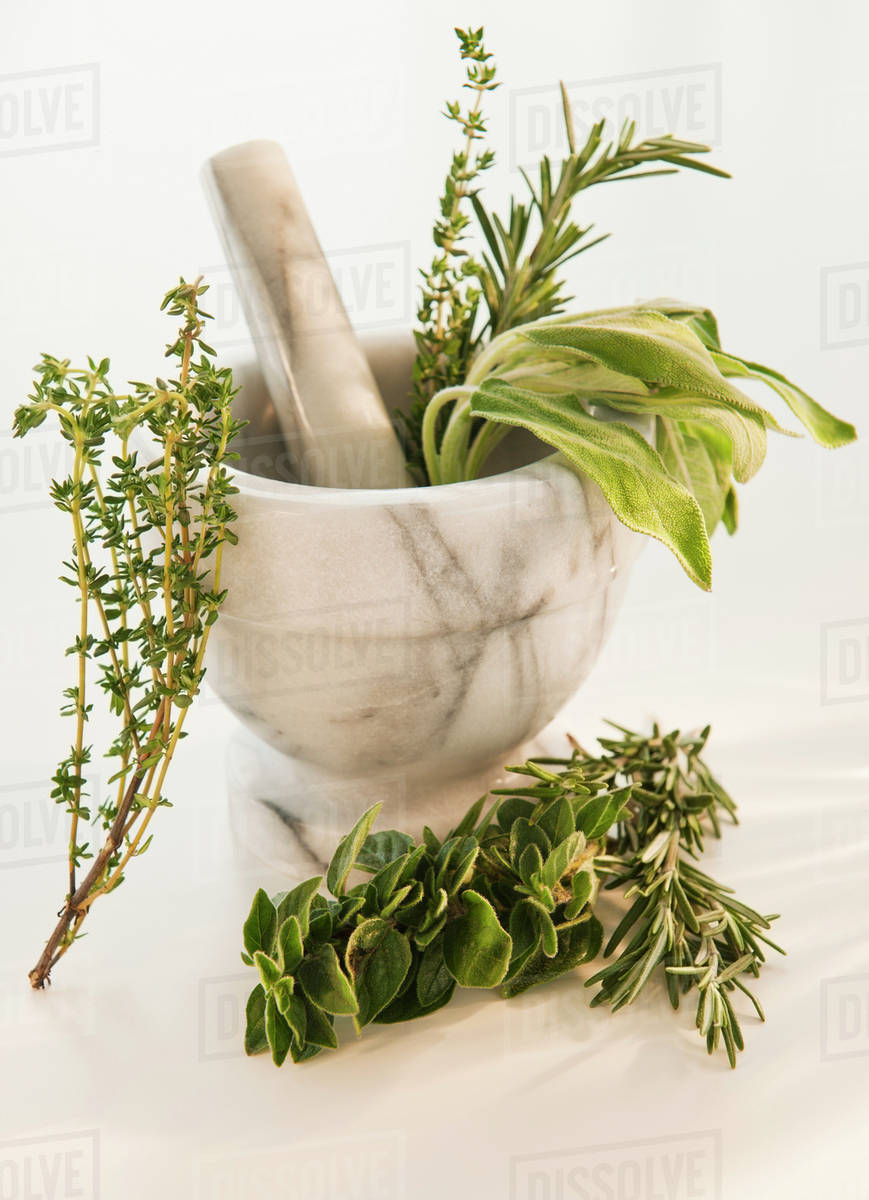 Mortar and pestle with herbs Stock Photo Dissolve