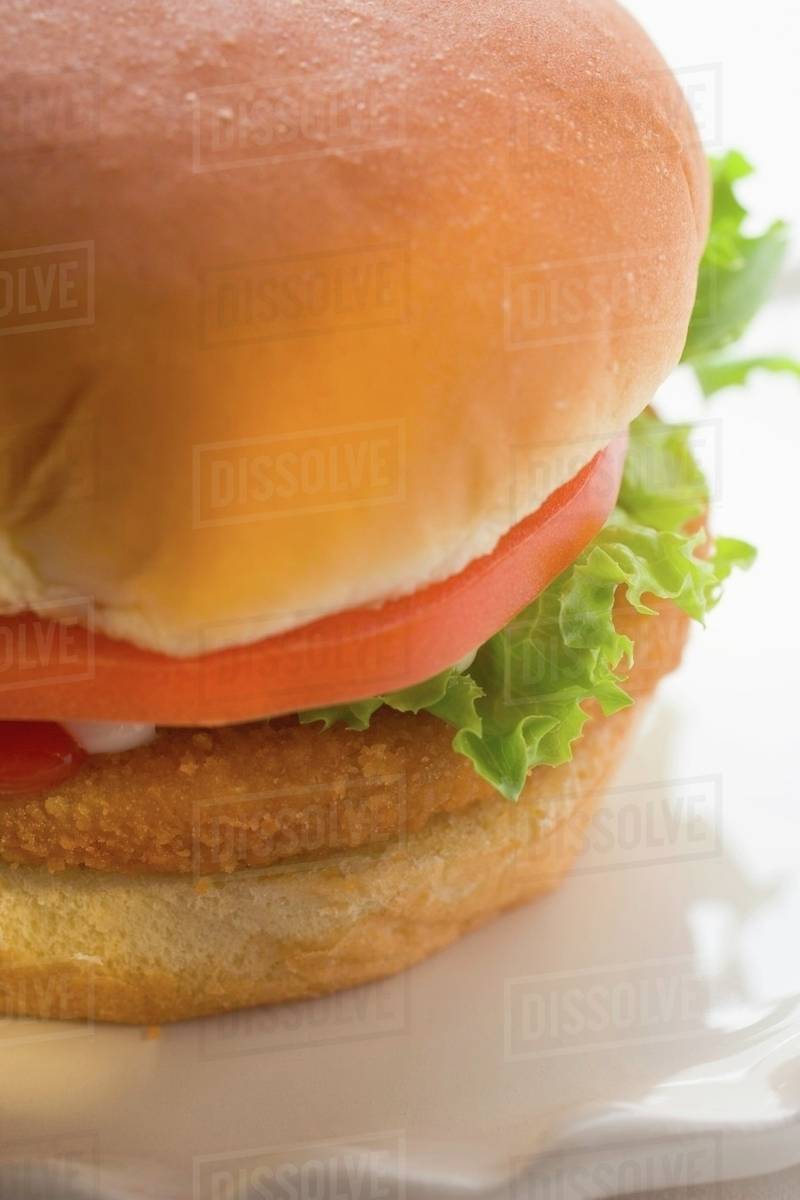 Chicken burger with tomato, lettuce, mayonnaise & ketchup Stock Photo