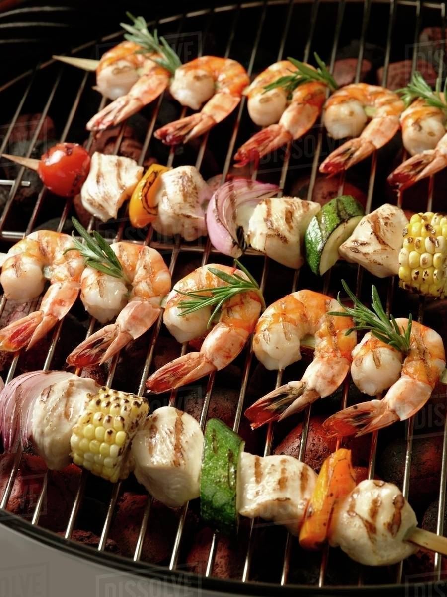 Chicken and Shrimp Kabobs on the Grill Stock Photo Dissolve