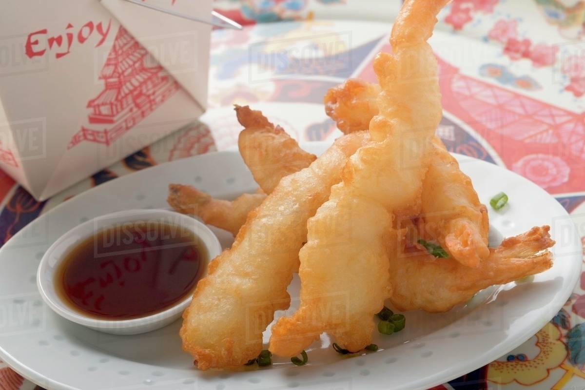 Deepfried prawns in batter with soy sauce to take away (Asia) Stock