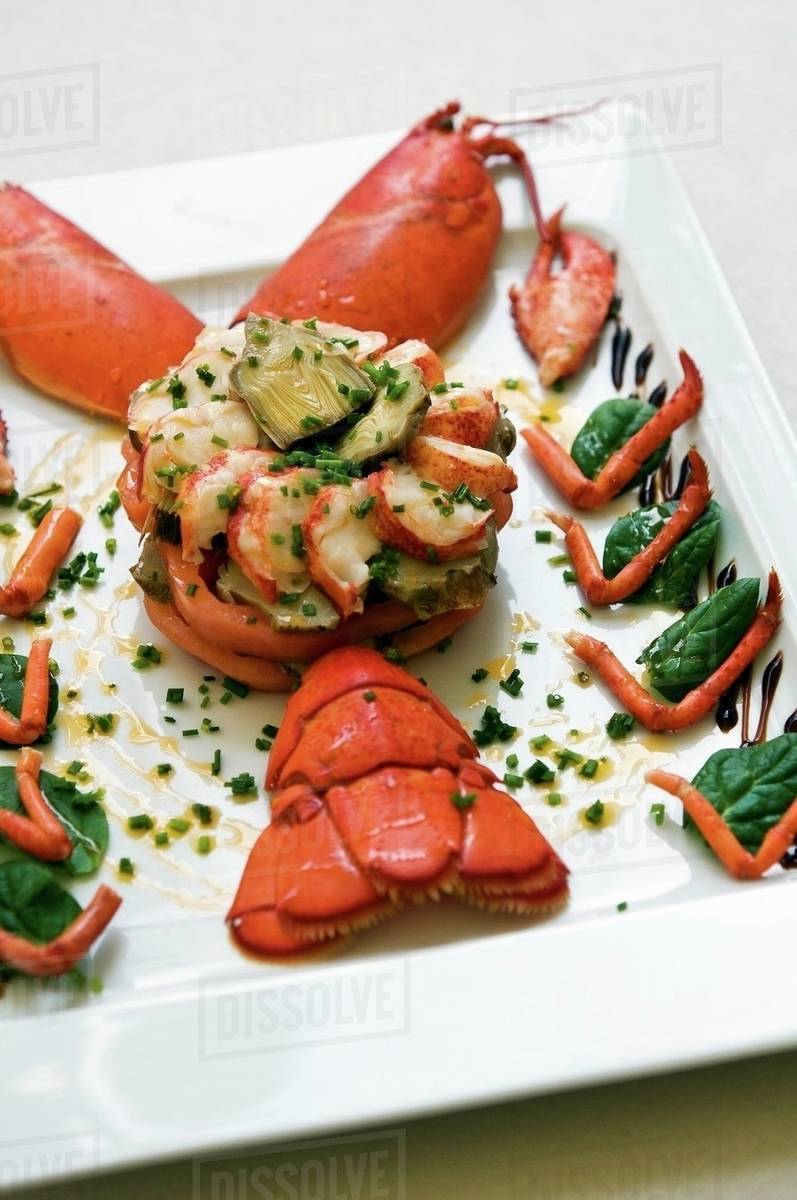 Hummertortchen (lobstershaped lobster dish) with artichoke and spinach