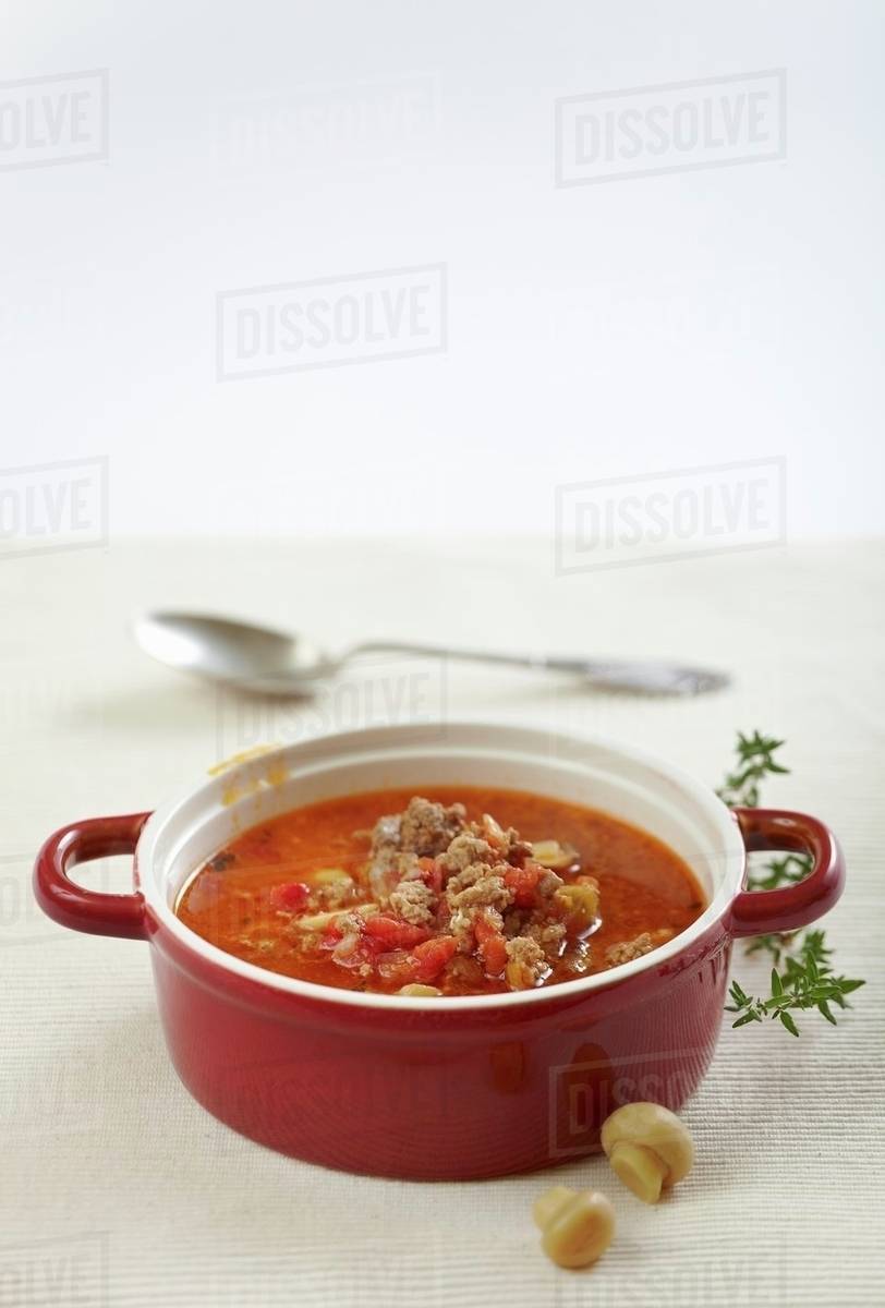 Ground beef soup with tomatoes and mushrooms Stock Photo Dissolve