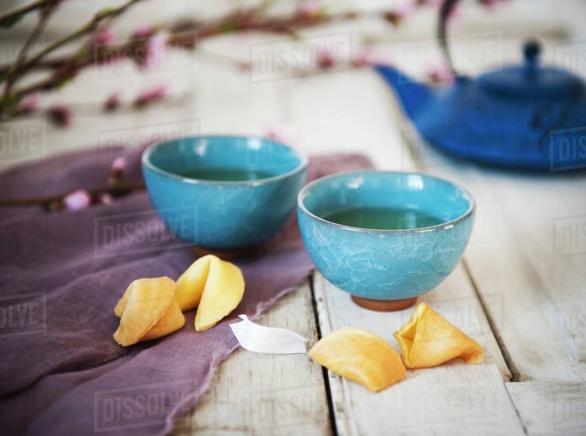 Two Cups Of Tea In Asian Style With Fortune Cookies Two Cups Of Tea In Asian Style