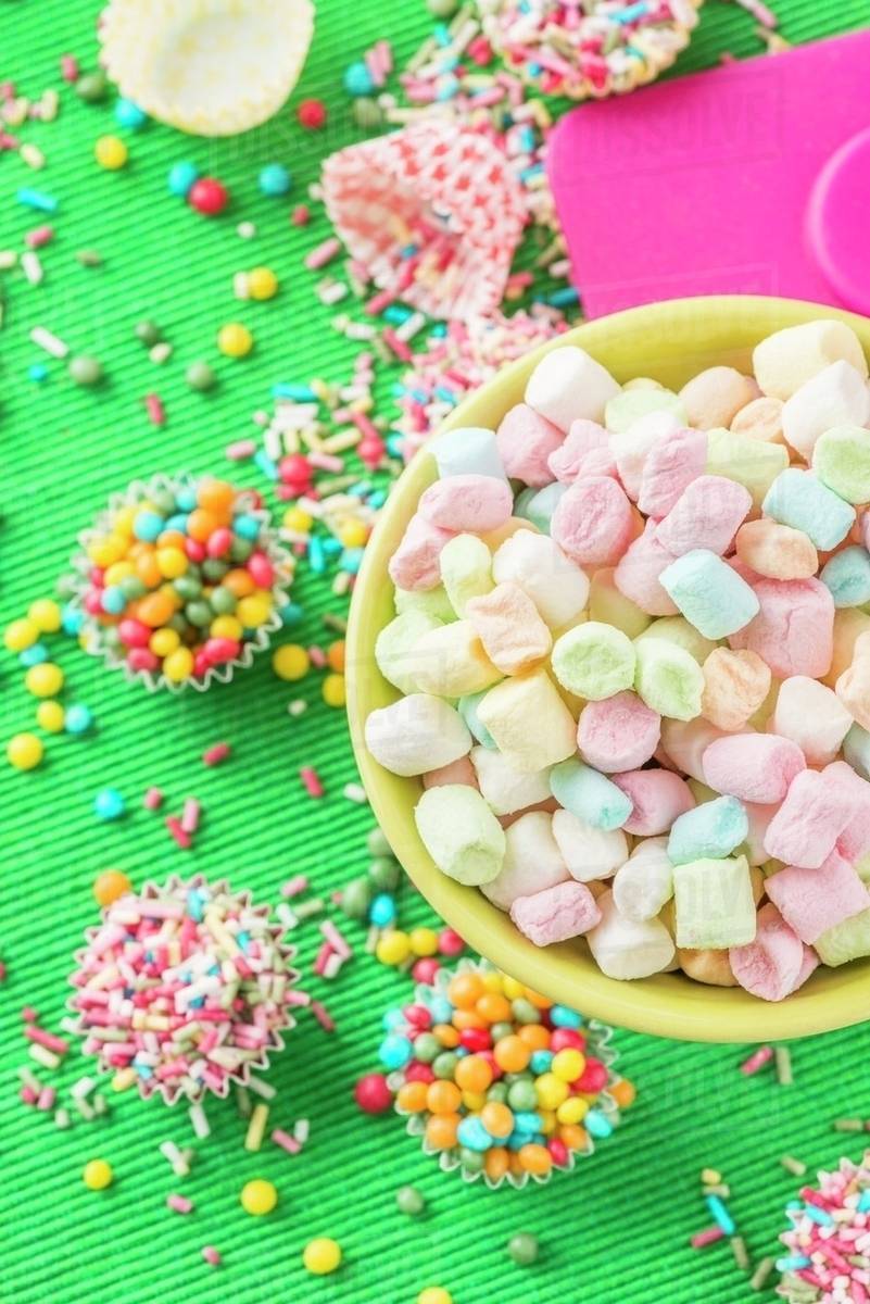 Colourful mini marshmallows, sugar balls and sugar sprinkles Stock