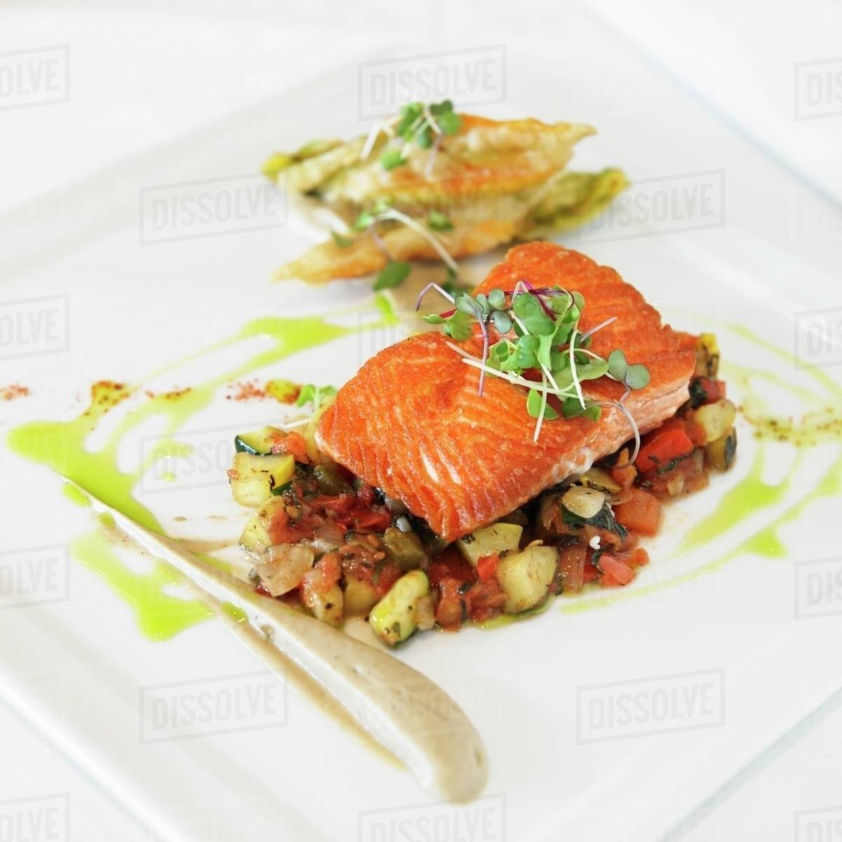 Grilled Wild King Salmon with a Ratatouille of Local Squash, Herbs de Provence, Roasted Eggplant