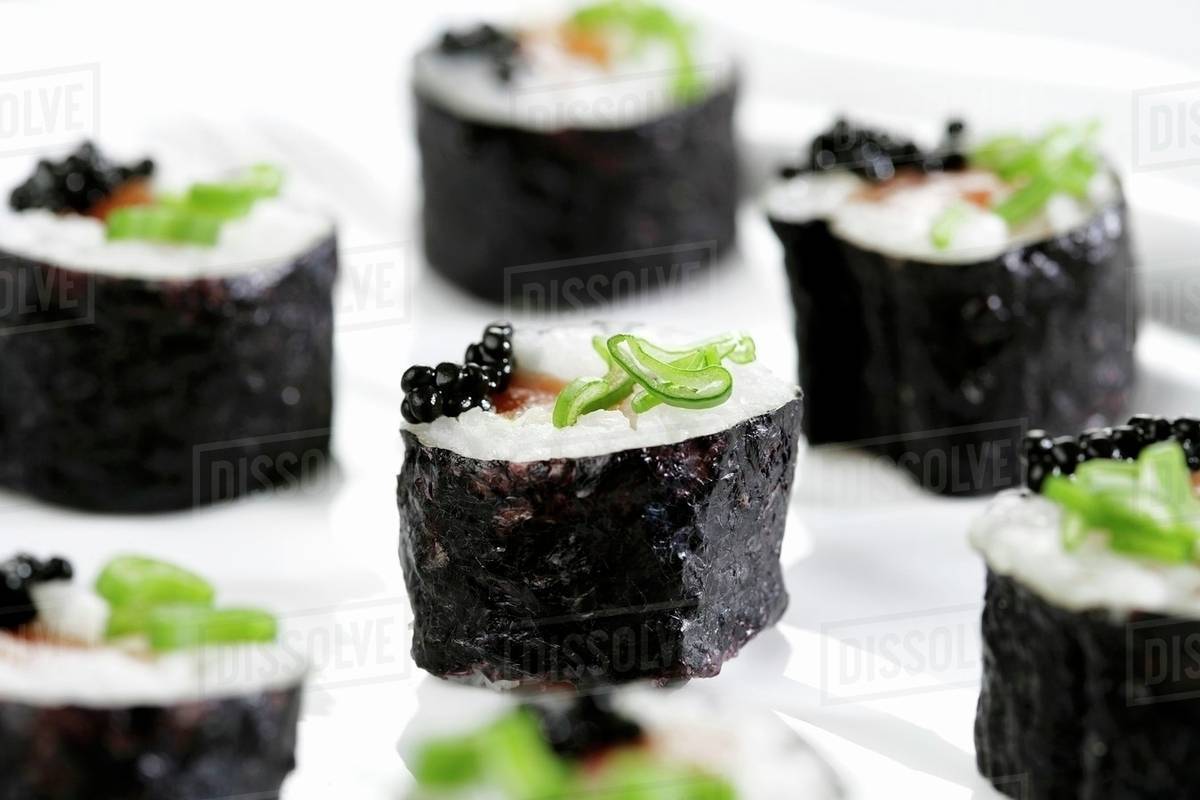 Salmon sushi and caviar roe Stock Photo Dissolve