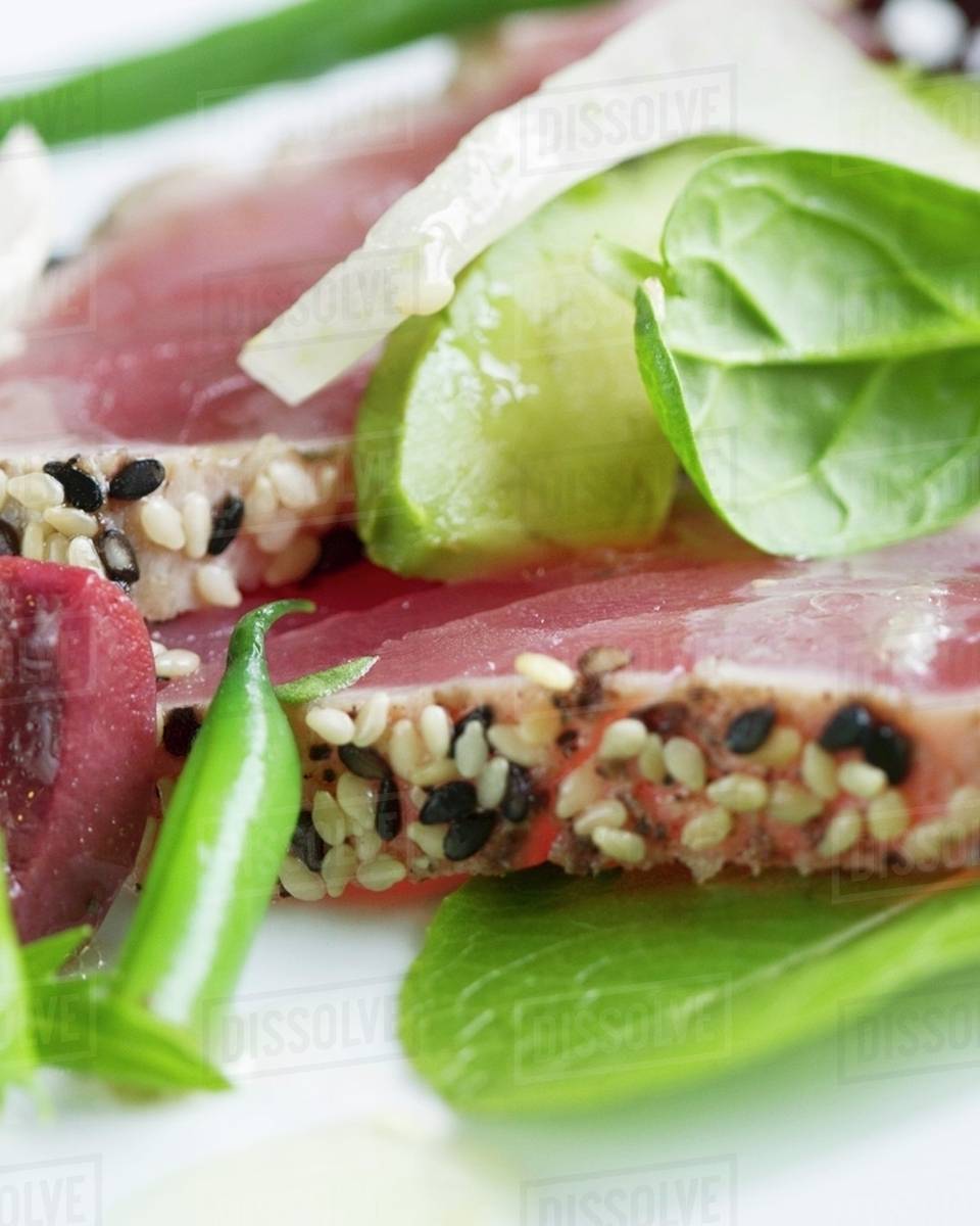 Close Up of Sesame Seed Ahi Tuna Salad Stock Photo Dissolve