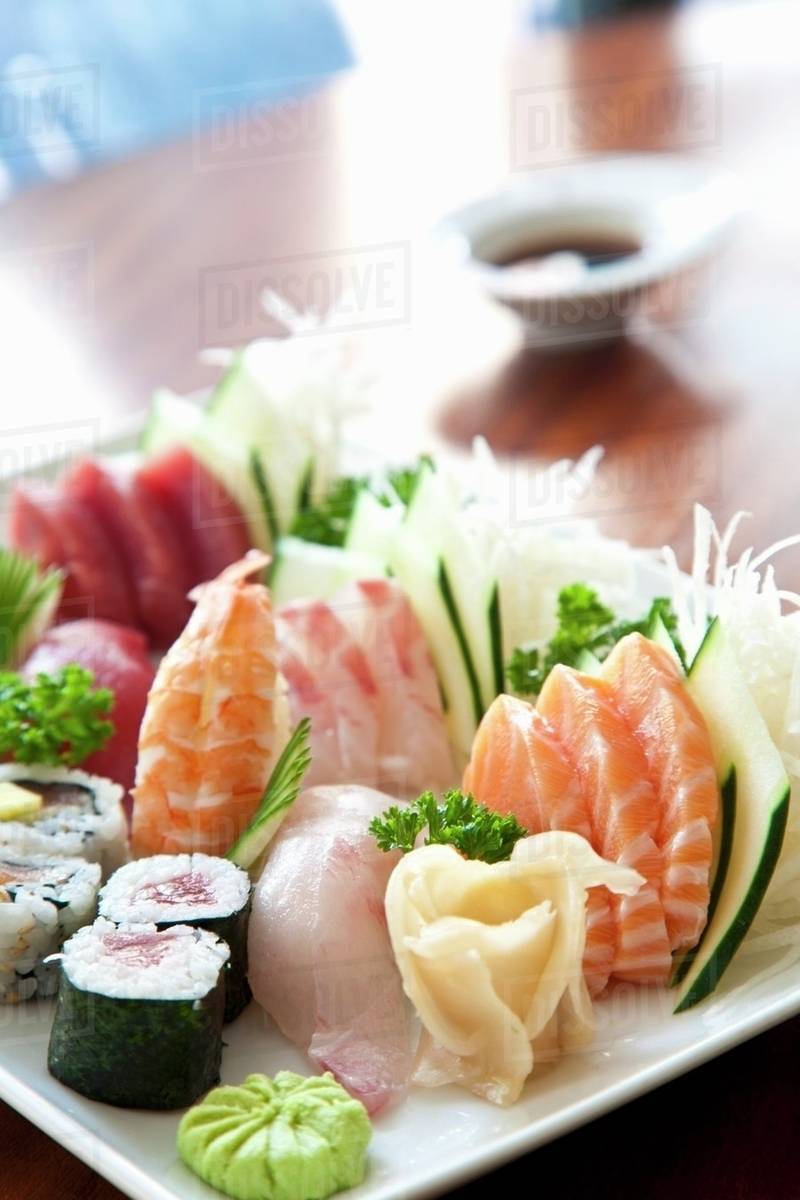 Sushi and sashimi platter Stock Photo Dissolve
