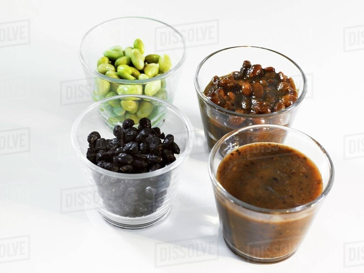 Soya beans and soya bean sauces Stock Photo Dissolve