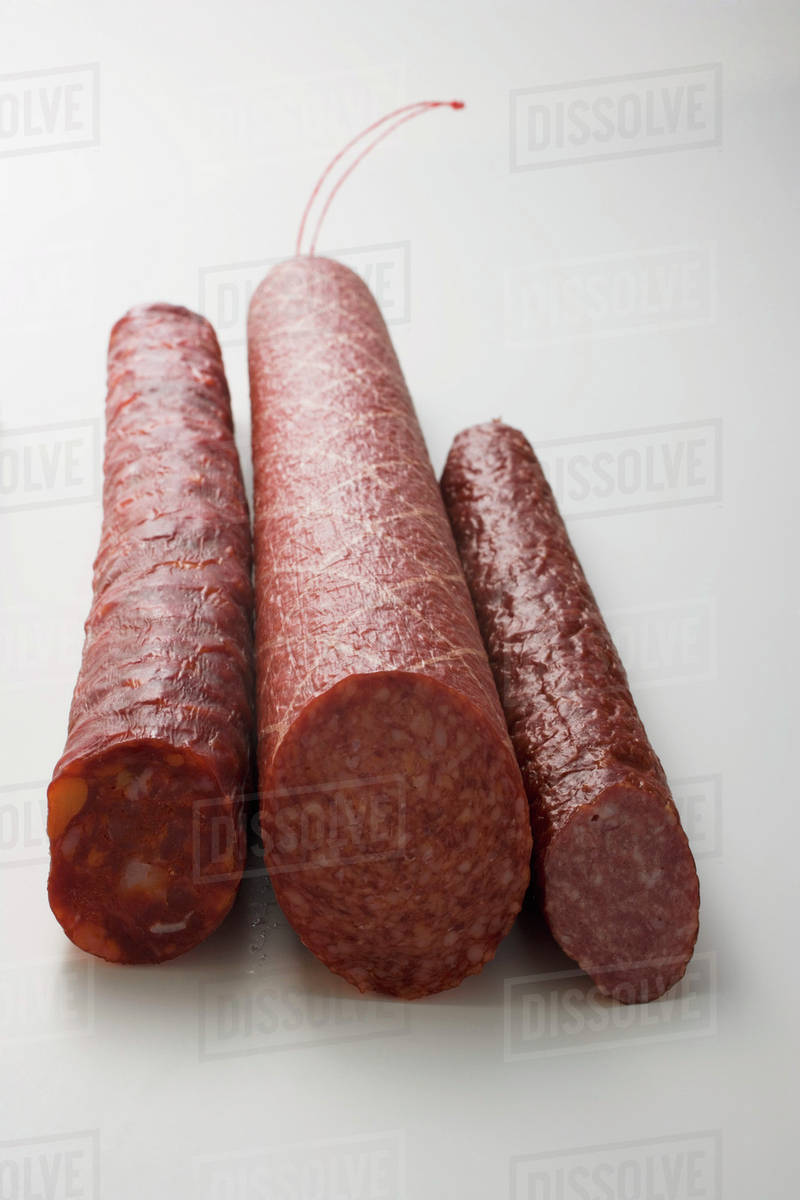 Paprika salami, boiled salami and Cabanossi Stock Photo Dissolve