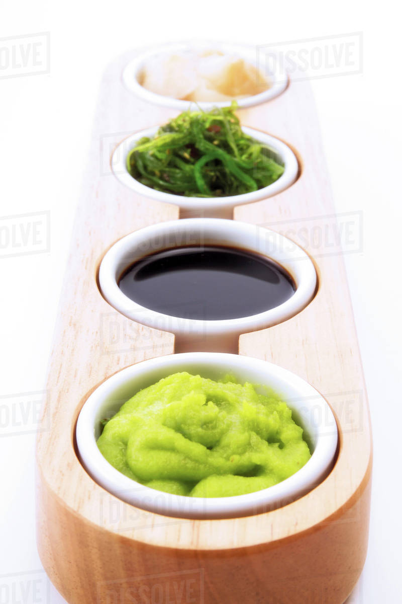 Sushi ingredients soy sauce, ginger and wasabi Stock Photo Dissolve