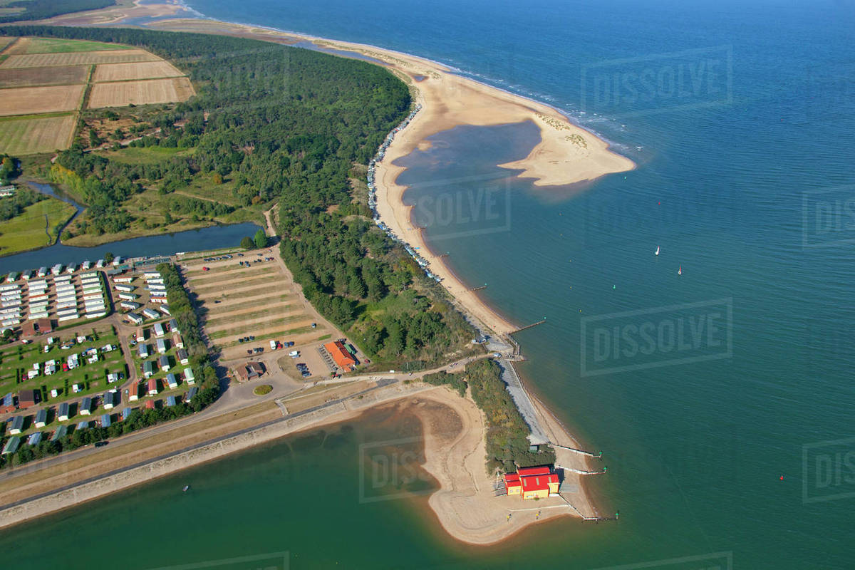 Aerial view of Holkham caravan park, Pinewoods and Wells Beach and lifeboat station, Norfolk
