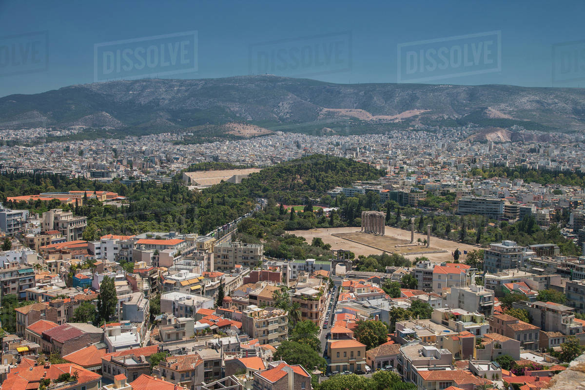 Aerial view of Athens cityscape, Attica, Greece Stock Photo Dissolve