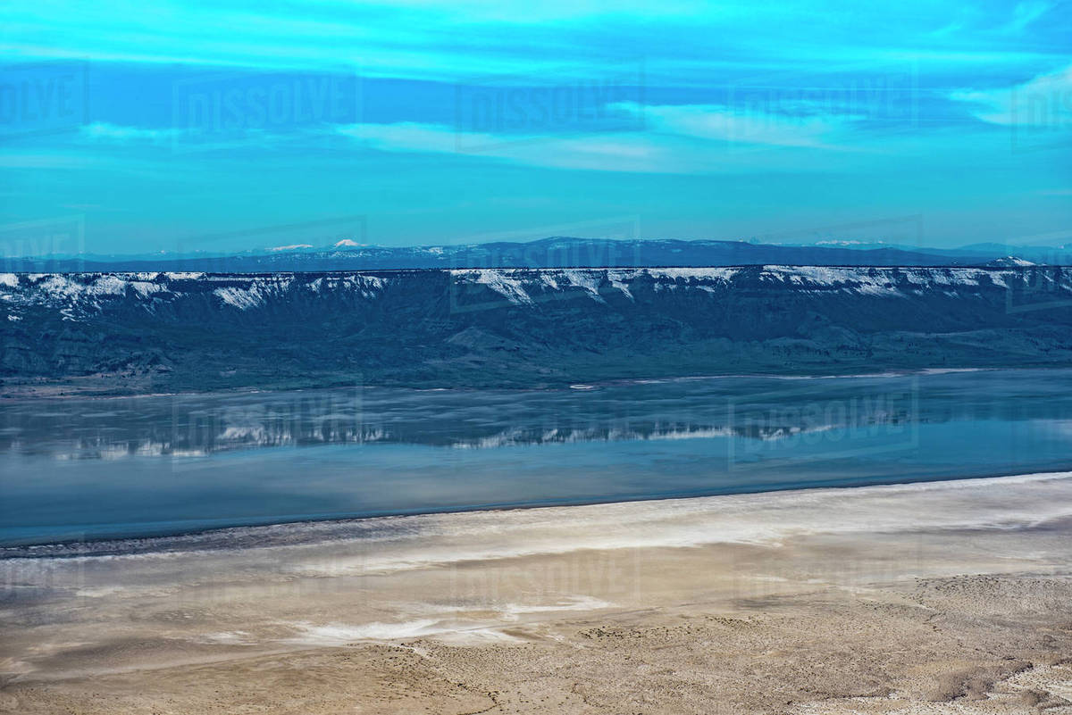 Aerial view of mountains reflecting in lake, Paisley, Oregon, United