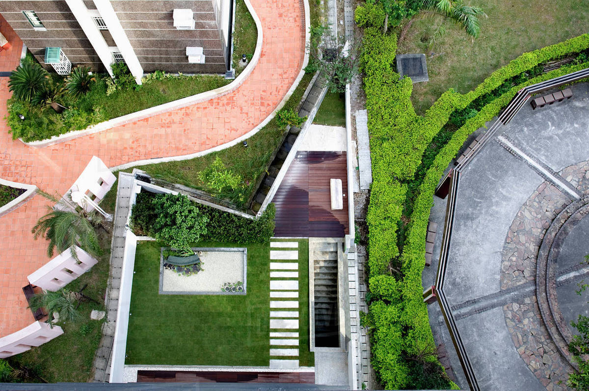 Aerial view landscaping and walkways Stock Photo Dissolve