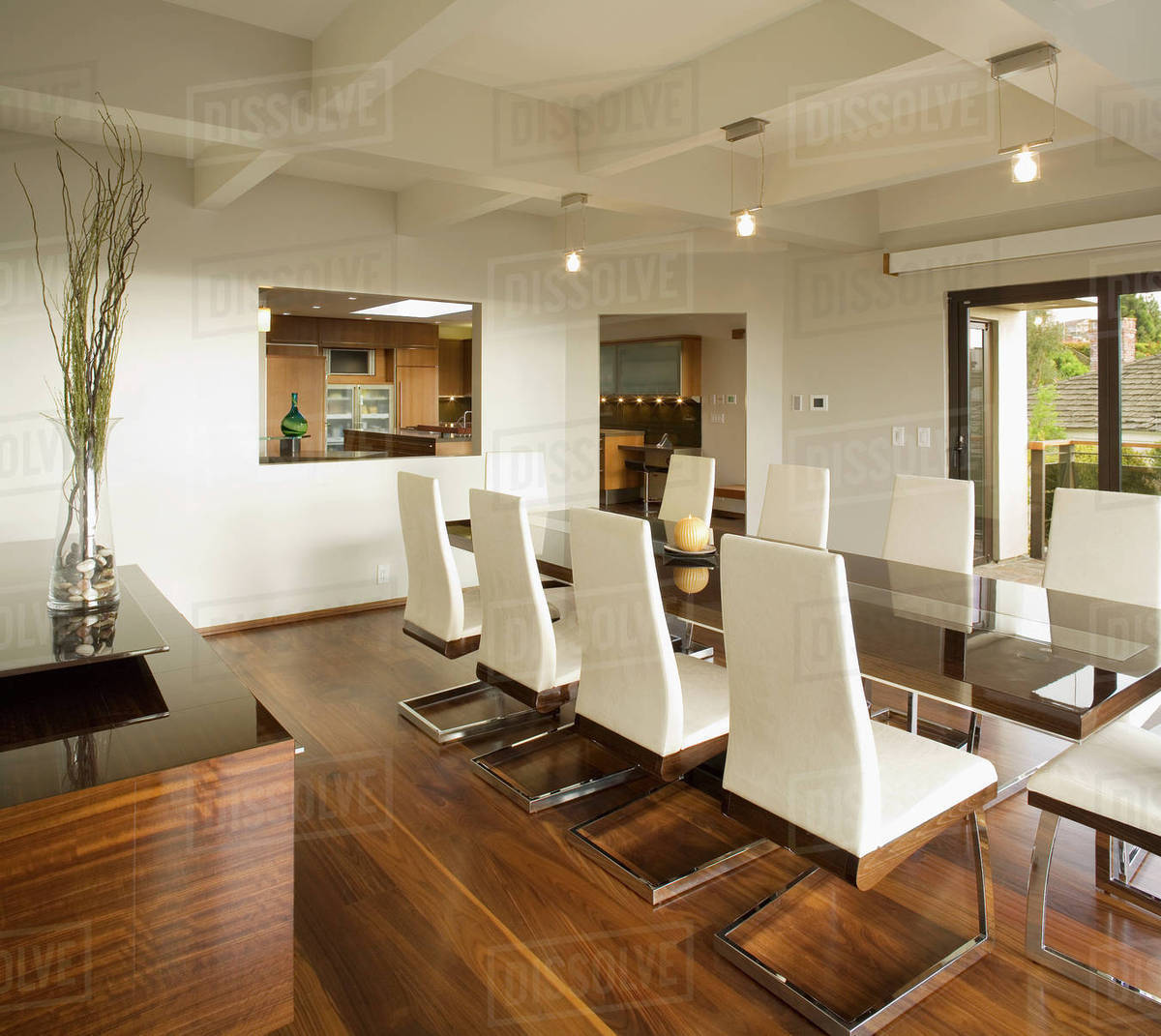 Modern White Dining Room with Hardwood Floors Stock Photo Dissolve