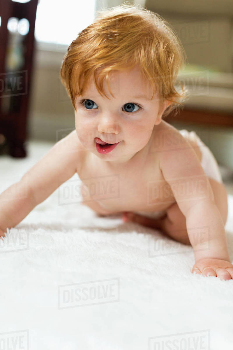 Baby boy crawling on carpet Stock Photo Dissolve