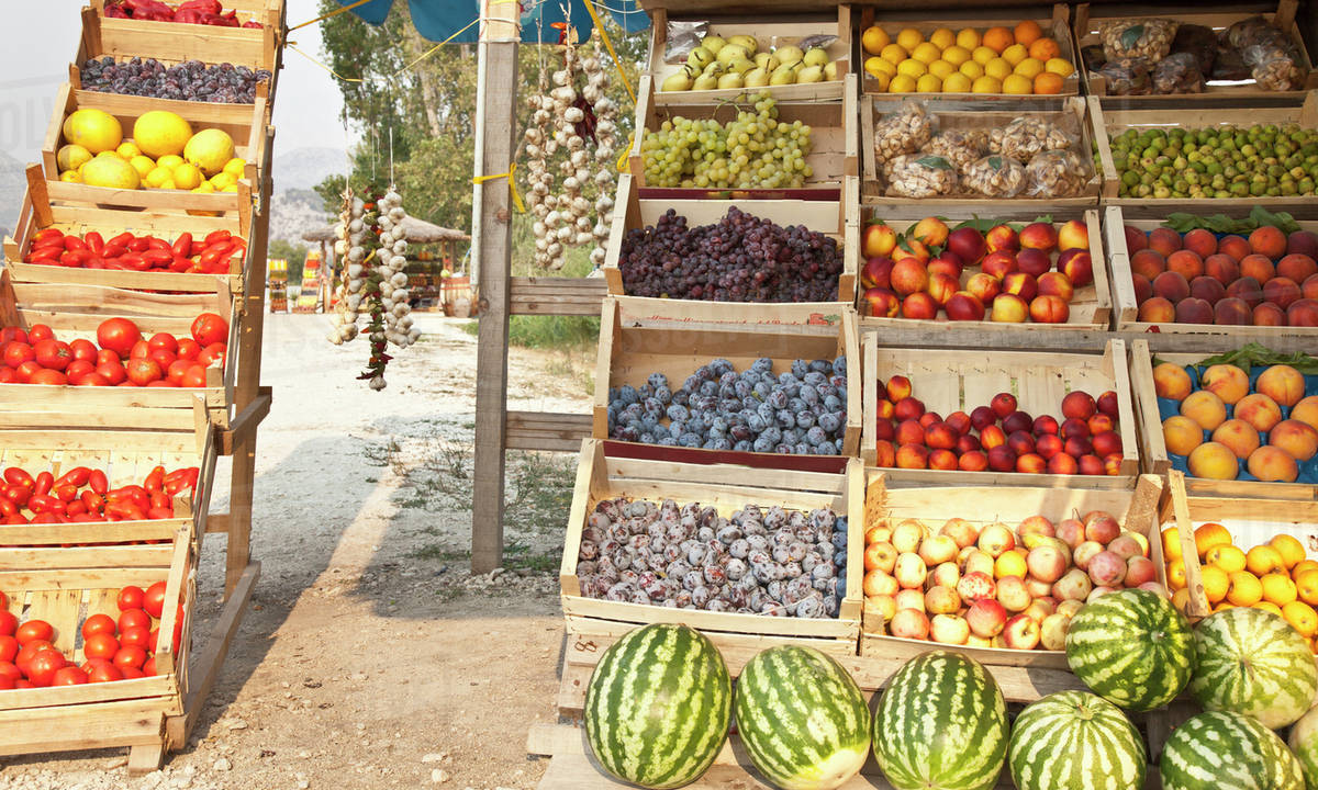 Crates of produce for sale Stock Photo Dissolve