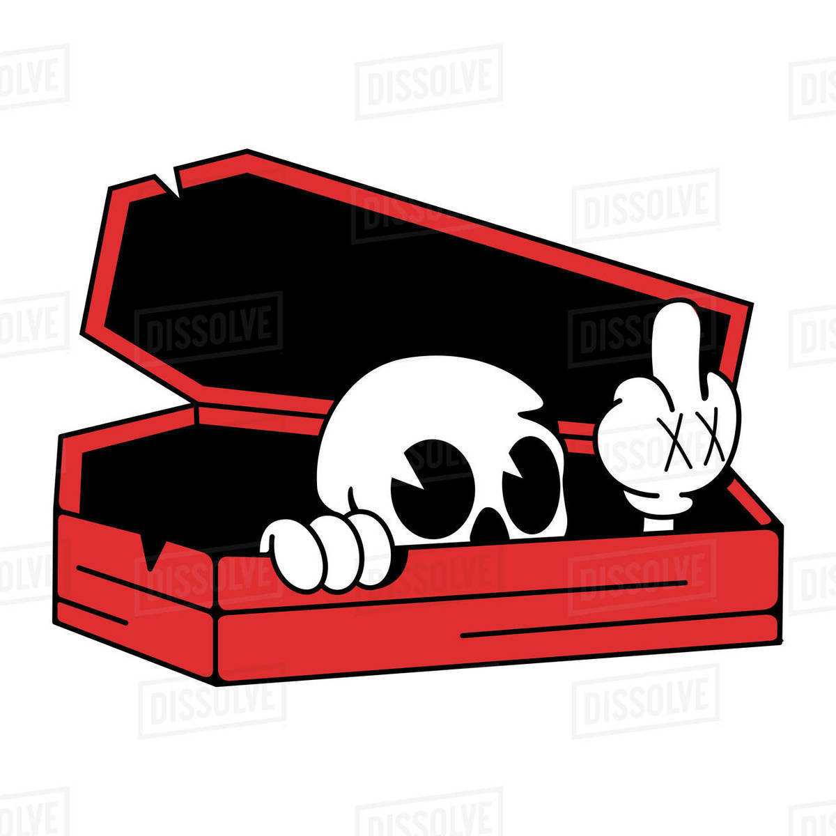 Illustration of skeleton peeking through coffin on white background Royalty-free stock photo