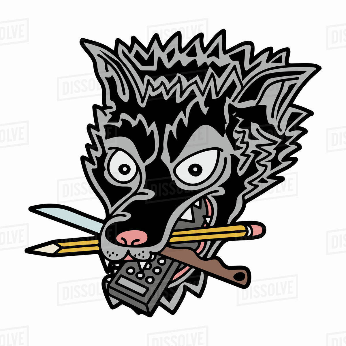 Illustration of animal holding knife, pencil, and remote control in his mouth against white background Royalty-free stock photo