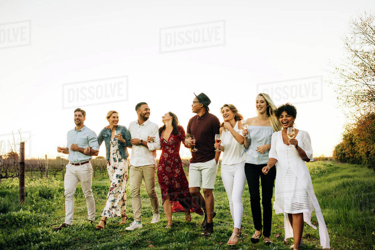 Reunion party. Group of friends walking together in ...