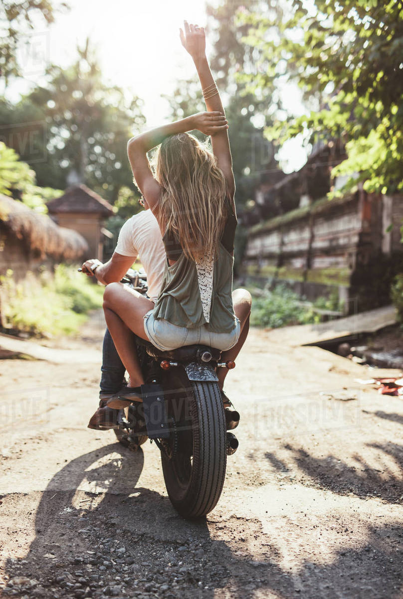 Aesthetic Chicks Riding Motorcycles Rear View Shot Of Young Couple