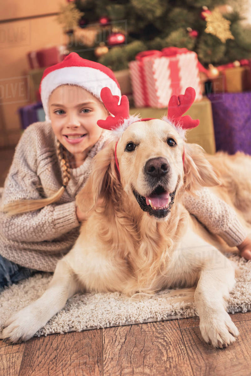 Smiling child in santa hat and golden retriever dog with deer