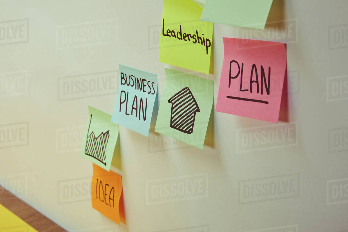 Paper stickers with words business plan, leadership and idea on wall ...