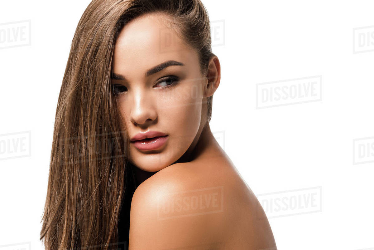 Beautiful woman with naked shoulders and long brown hair isolated on white - Royalty-free Stock