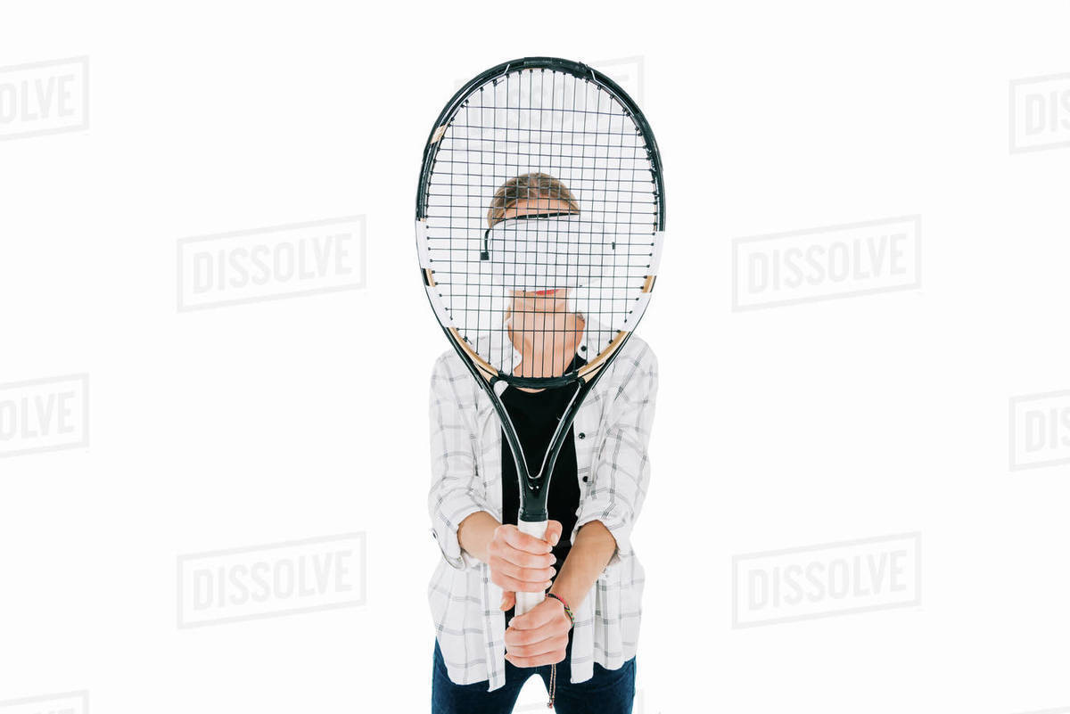 Girl in virtual reality headset holding tennis racquet isolated on white Stock Photo Dissolve