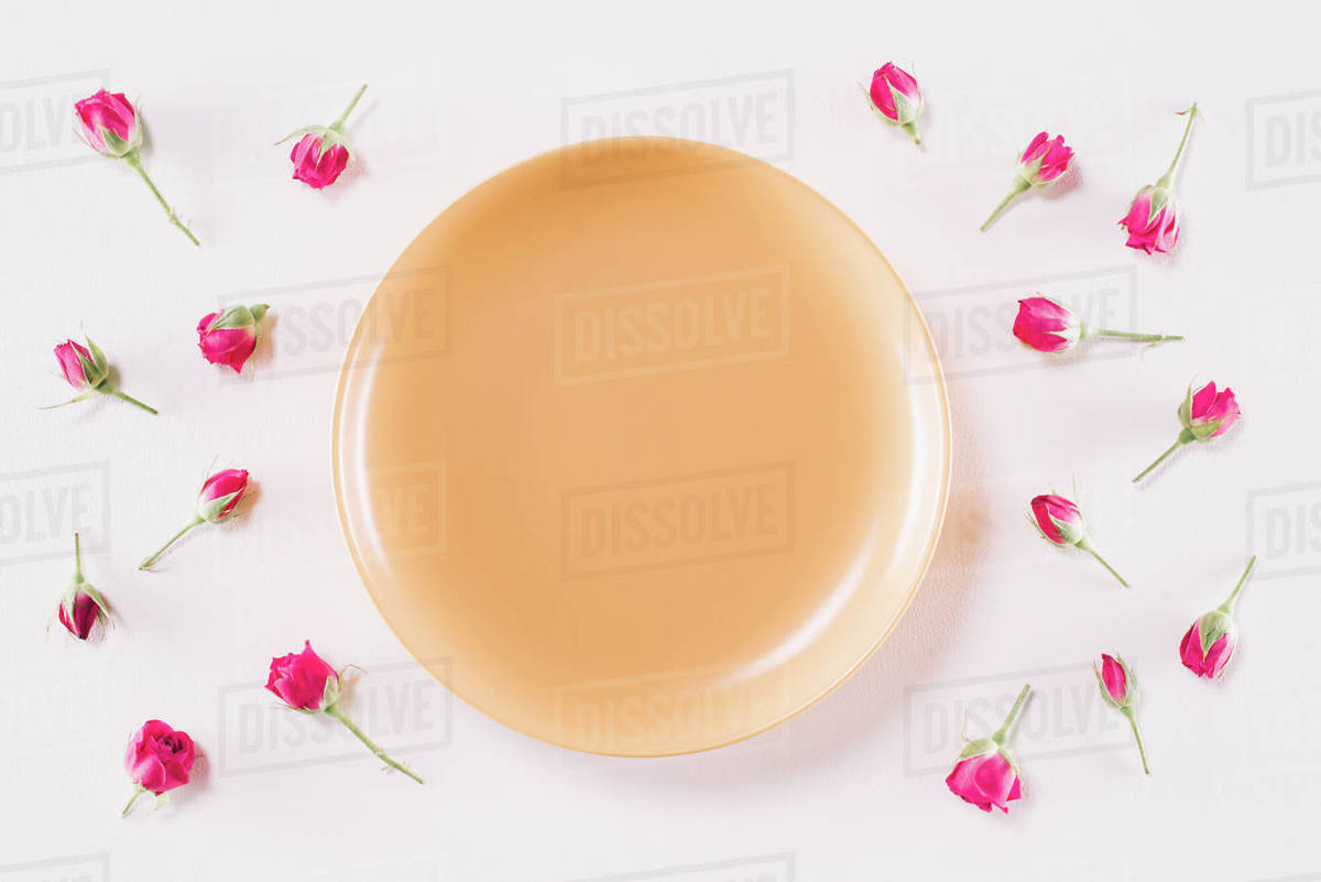 Top view of yellow plate and scattered roses isolated on white ...