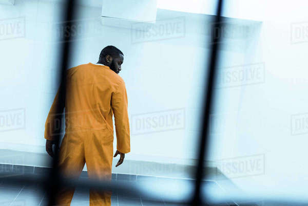 Back view of African American prisoner in prison cell - Stock Photo ...