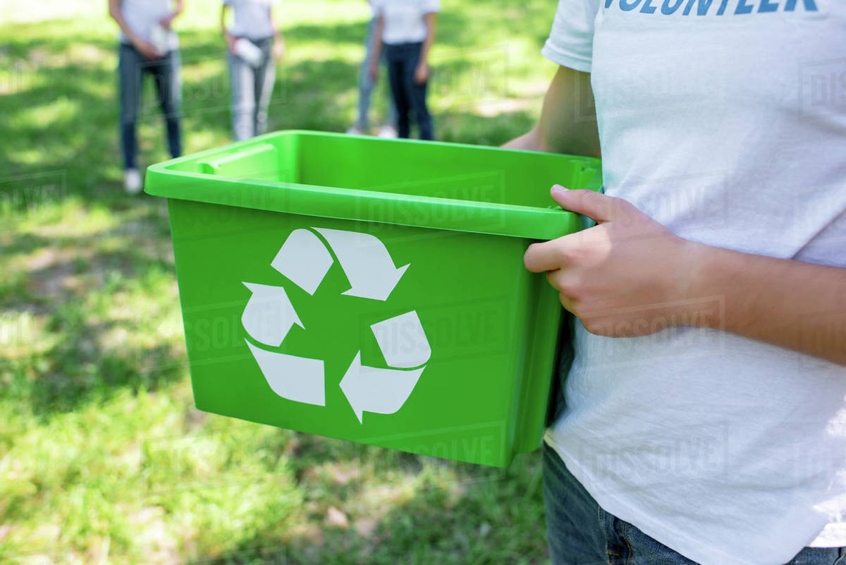 Cropped view of volunteer holding green recycling box in park Stock