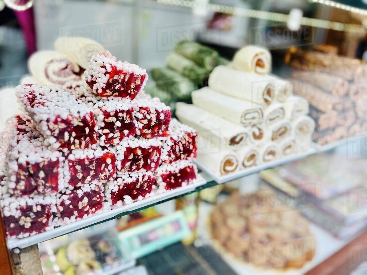View through a shop window of traditional assorted desserts, Sarajevo