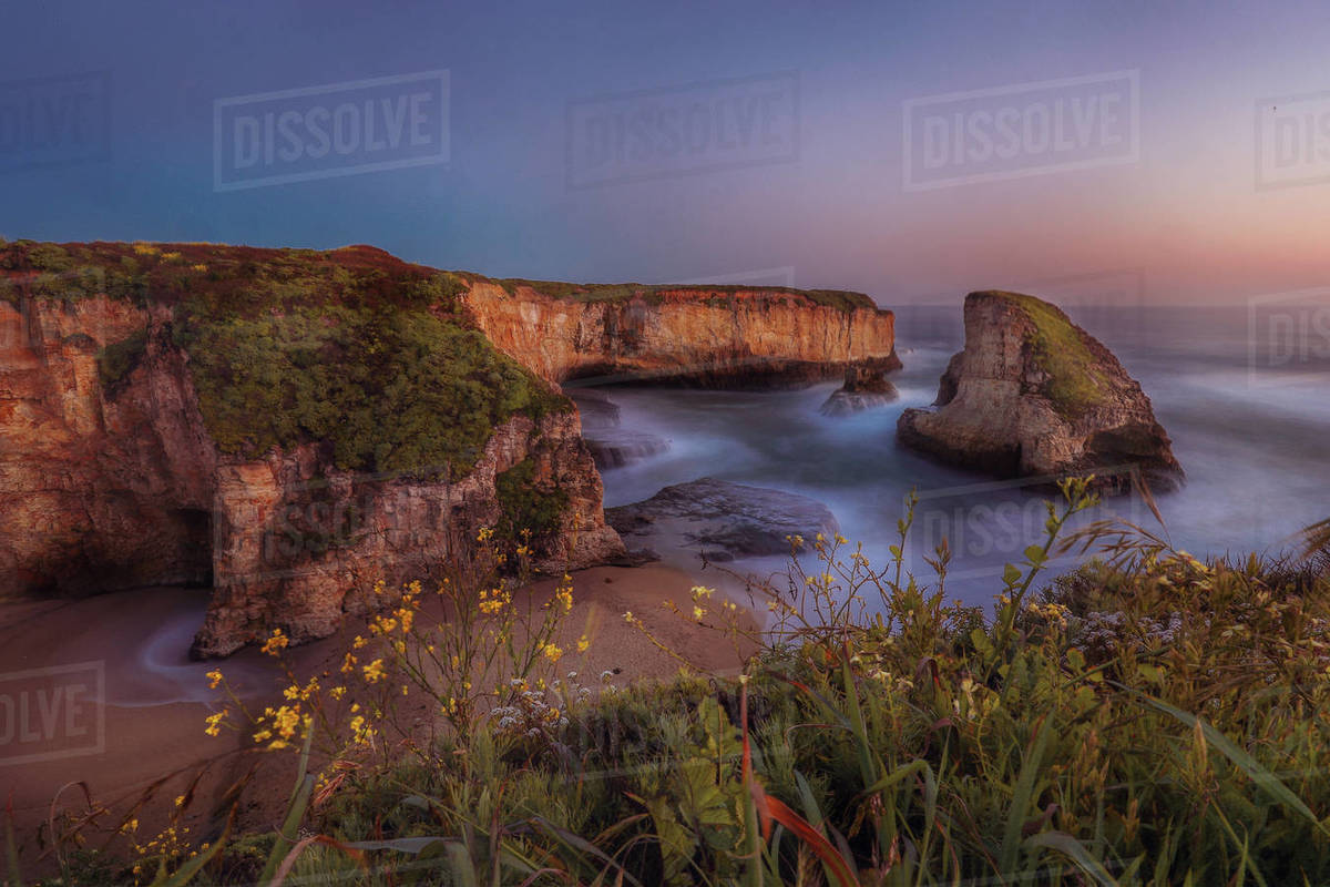 Shark fin cove at sunset, Santa Cruz, California, America, USA Stock Photo Dissolve
