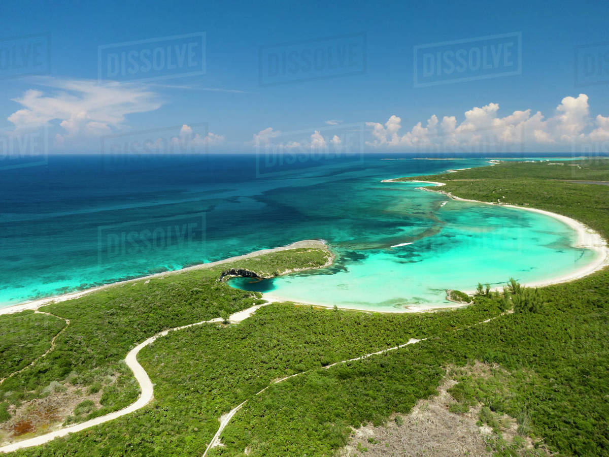 Aerial view of Dean's Blue Hole and beach landscape, Long Island
