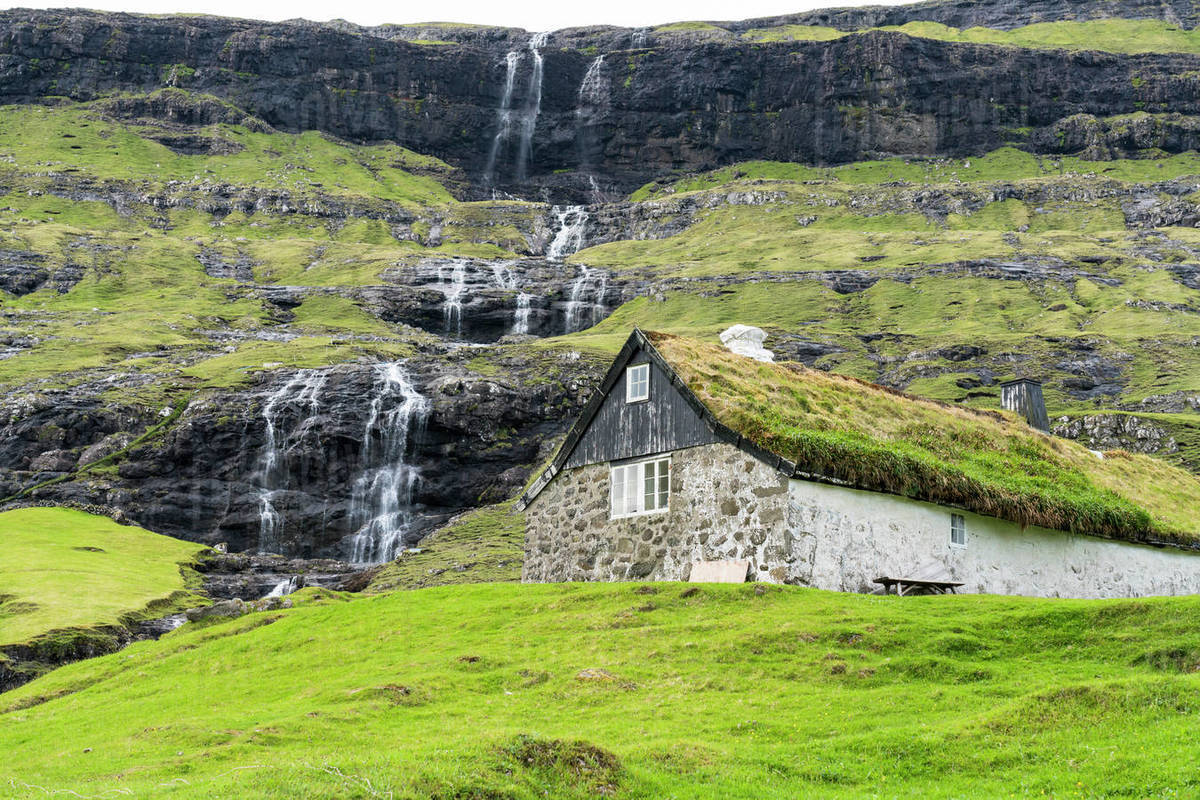 Traditional house with grass roof, Saksun, Streymoy island, Faroe