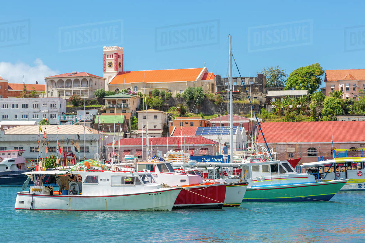 View over the Carenage to St. Georges Parish Church, St. George's, Grenada, Windward Islands, West Indies, Caribbean, Central America Royalty-free stock photo