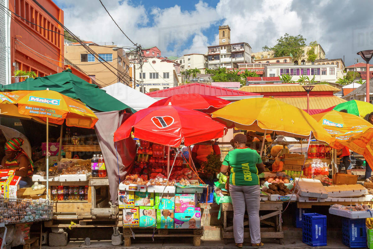 View of colourful market in St. George's, Grenada, Windward Islands, West Indies, Caribbean, Central America Royalty-free stock photo